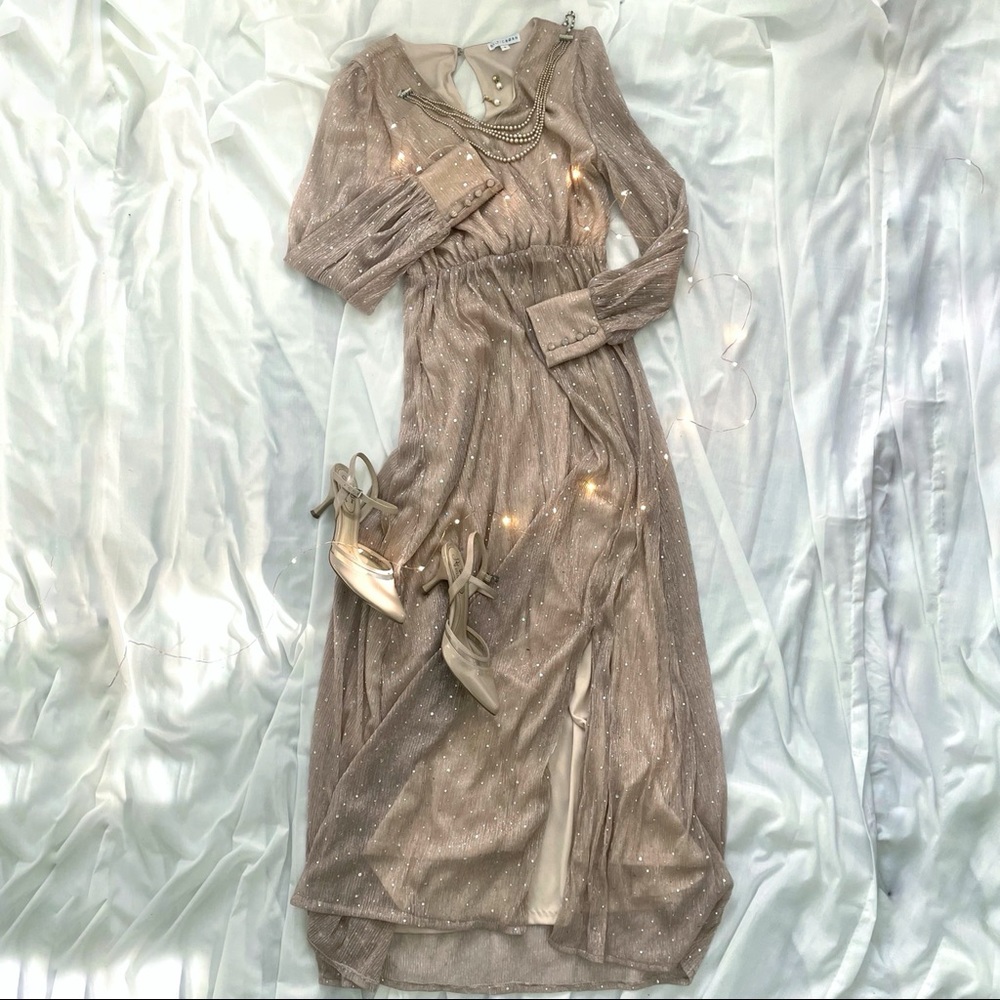 Elegant Champagne Floor Length Long Sleeved Dress